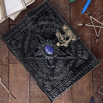 Celtic Pentacle Leather Journal with Stone Lock, Spell Book, Grimoire,-image