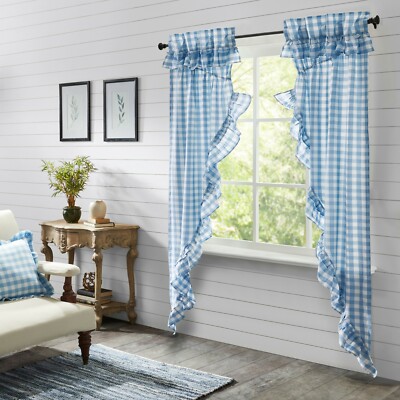 Annie Buffalo Blue Check Ruffled Prairie Long Panel Set COUNTRY Cottage 84