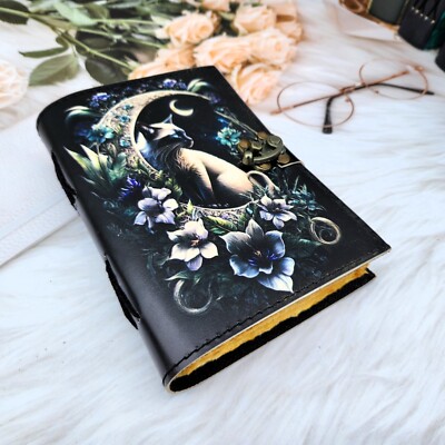 Leather Journal Cat & delicate flower sketchbook journal Notebook Gift for him.-image