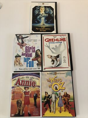 5 DVD Classics Lot Annie, Wizard Of Oz, Gremlins, Neverending Story, Girls Just-image