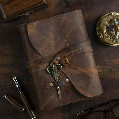 Vintage leather journal, lined journal, handmade antique deckle edge paper,-image