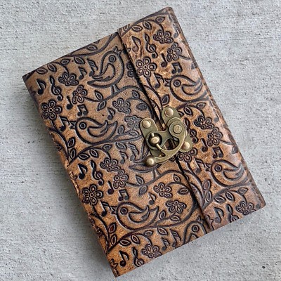 Handmade Brown Leather Journal Book lock rugged diary Embossed music notes bird-image