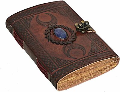 Embossed handmade leather journal 3 moon gemstone book diary notebook for Writer-image