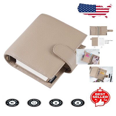 Compact Pebble-Taupe Leather Rings Planner - Multi-Section Organizer for Adults-image