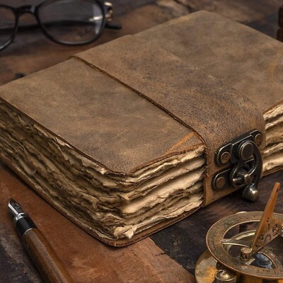 Vintage Leather Journal Notebook Antique Deckle Edge Paper 100% Cotton Handmade-image