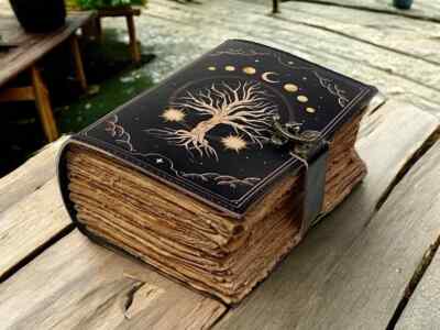 Blank Spell Leather Grimoire Journal Book of shadows printed with Tree of Life-image