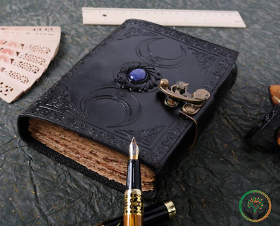 Triple moon goddess vintage leather journal blank spell book-image