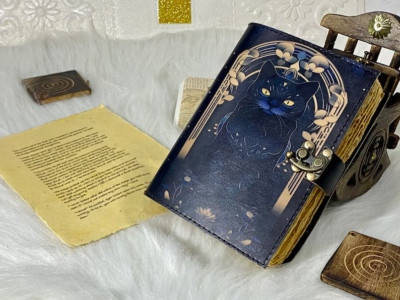 Handmade Journal  Book of Spell  with Vintage Leather Celtic magic Cat-image