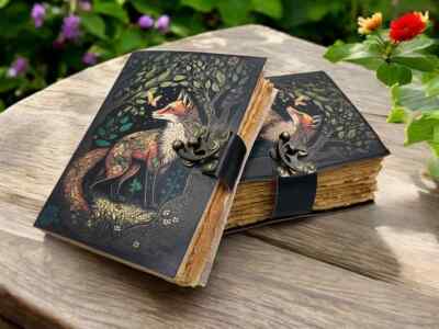 400 Page Large Fox Vintage  journal leather Blank Grimoire Handmade Spell Book-image