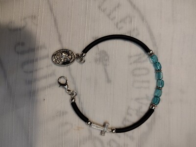 Rosary Bracelet, Blue Polymer Beads, Silver Accents, Black Rubber Tube Coating-image