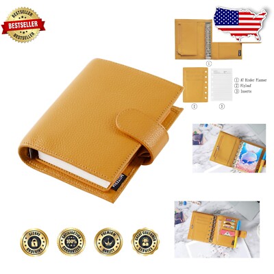 Elegant Pebble Mustard Genuine Leather Pocket Organizer - 19mm Ring Planner-image