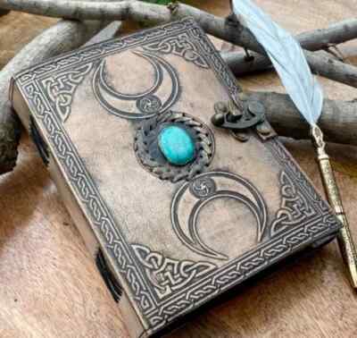 Triple Moon Leather journal, Third Eye Crystal Stone, gift for Christmas 8x6inch-image