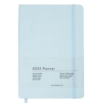 2025 Planner (Blue) Soft-touch PU Leather Yearly Agenda, Ribbon Page Marker, ...-image