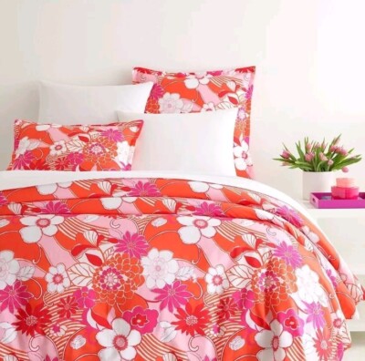 Annie Selke Pine Cone Hill Far Out Floral Cotton Duvet Cover F/Q Pink Tangerine -image