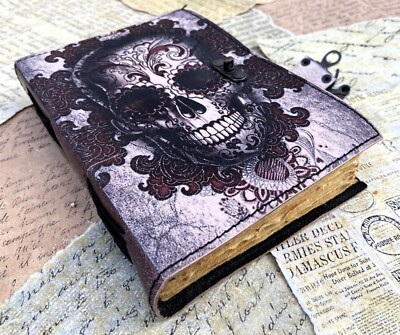 SKULL HANDMADE LEATHER JOURNAL NOTEBOOK DIARY ,GIFT VINTAGE DECKLE PAGE, C-LOCK-image