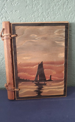 VTG Burn Wood Etching Note Book Leather Ties 18 Pages Antique  Look  Artisan-image