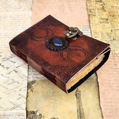 Triple Moon Embossed with Stone Leather Sketchbook Dream Journal Leather Journal-image
