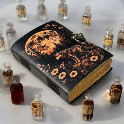 Leather Journal Gothic Notebook Wolf Grimoire Print - Vintage Handmade Journal-image