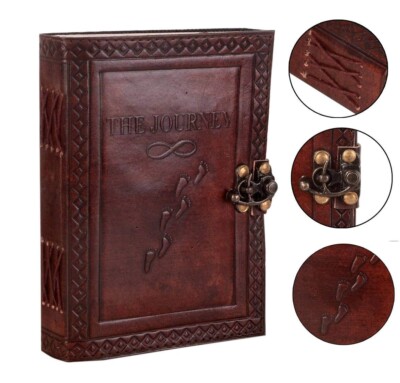 Handmade  Embossed Leather Diary Notepad With Footprints antique lock 240 Pages-image