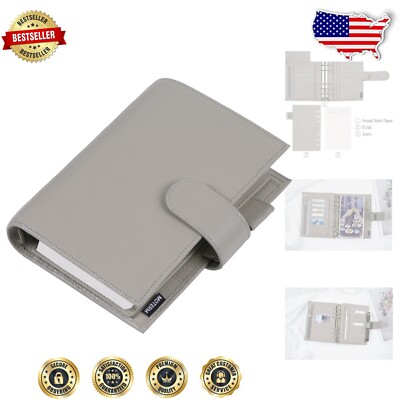 Refillable Pebbled Gray Leather Ring Planner - Ideal for Travel & Organization-image