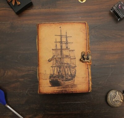 Sailing Ship Handmade Vintage Leather Journal Blank Spell Grimoir Book Of Shadow-image