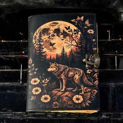 Leather Journal Gothic Notebook Wolf Grimoire Print - Vintage Handmade Journal-image