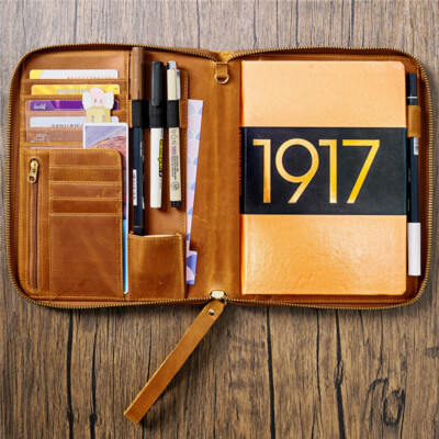 A5 Vintage Genuine Leather Cover Journals Zipper Notebook Case Diary Planner -image