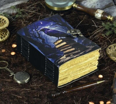 Leather Journal Gothic Notebook The Raven Grimoire Print - Vintage Gotich Decor-image