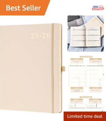Elegant 2025-2026 Planner: Leather Bound, Thick Paper, Back Pocket, Gold Finish-image