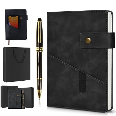 Black A5 Lined Leather Journal Notebook,Personalized Hardcover Journal Set wi...-image